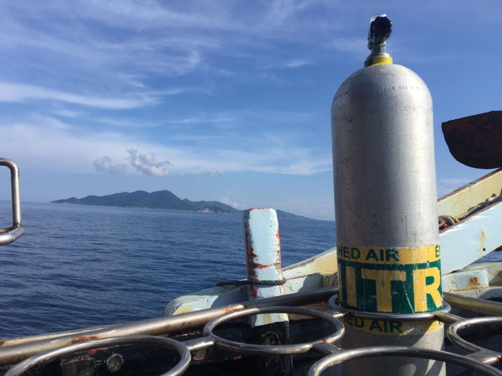 An enriched air nitrox tank on the Goodtime dive boat