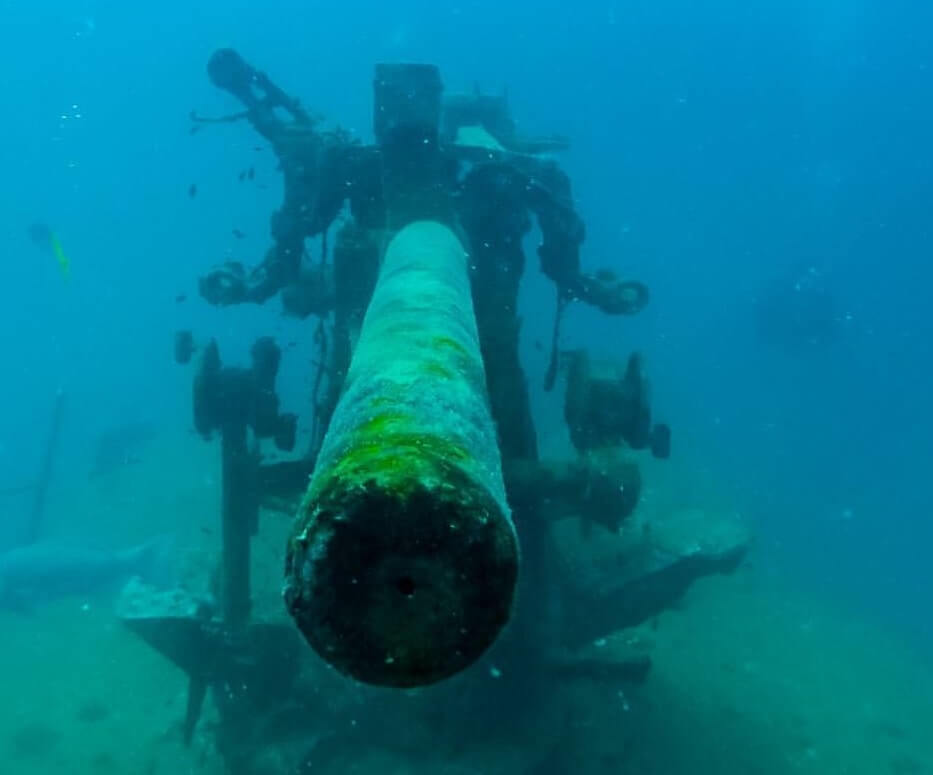 A gun on the HTMS Sattakut wreck dive
