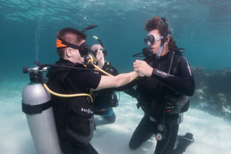two men in scuba gear holding hands underwater