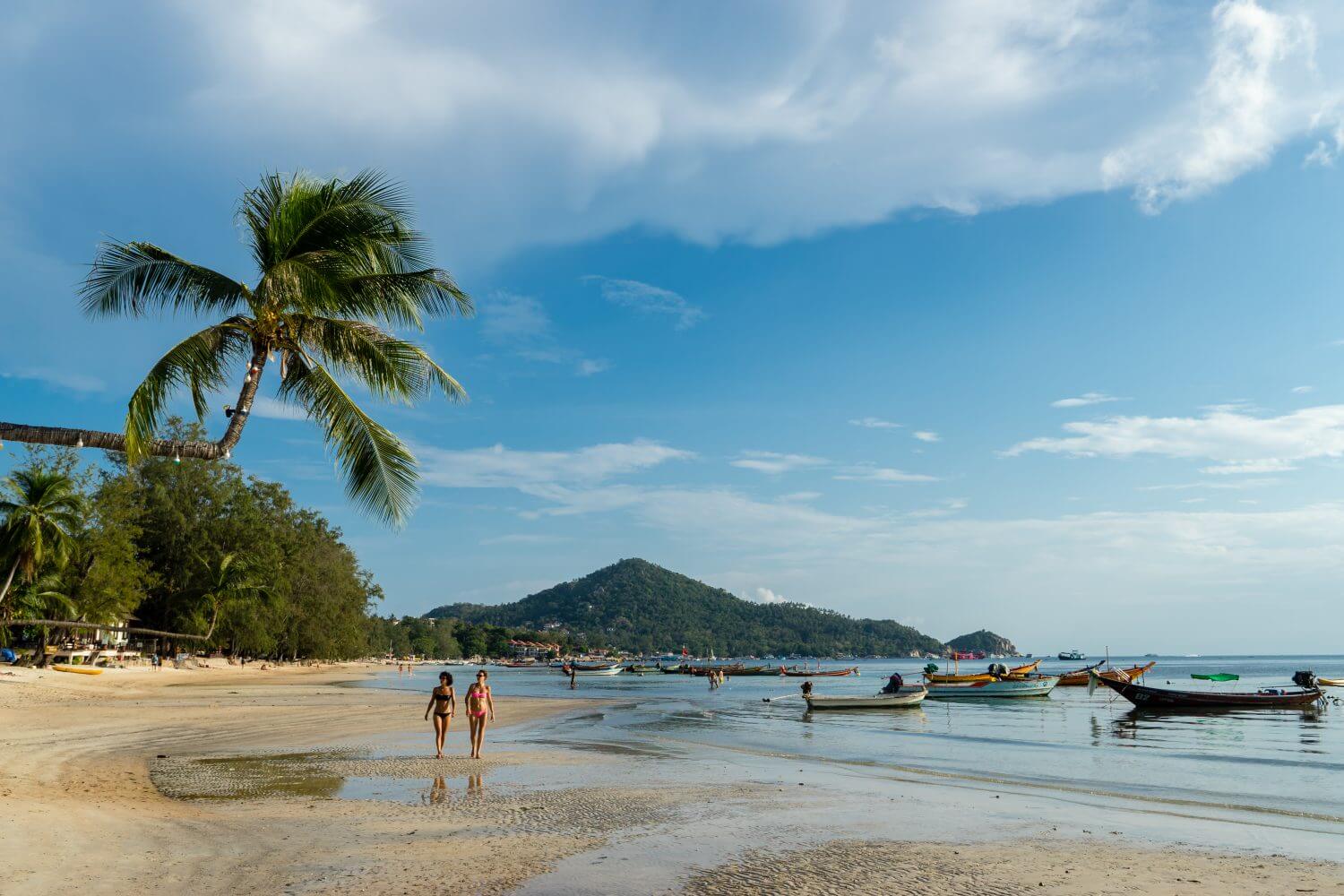 Two women walking on Sairee Beach, Koh Tao, Thailand