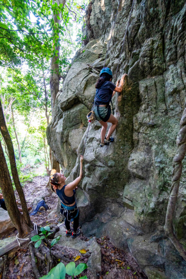 Two women rock climbing in a forest, one scaling the wall, the other belaying for safety.