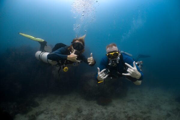Two scuba divers underwater giving thumbs-up and hand signals, surrounded by coral reef in clear ocean water.