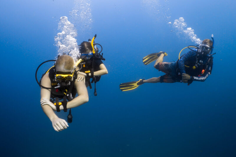 Scuba divers exploring the ocean depth, wearing gear and fins, surrounded by clear blue water.